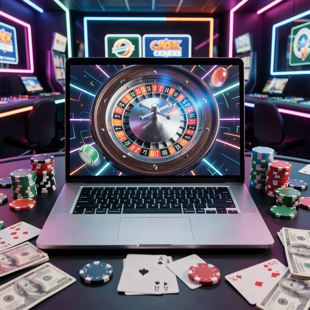 Futuristic online roulette game on a laptop surrounded by digital casino chips and cards highlighting the immersive live casino experience at 73OK for Bangladesh players