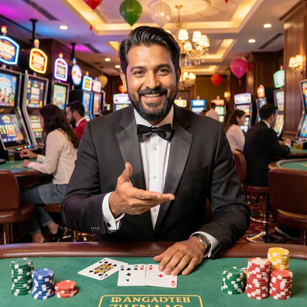 Smiling Bangladeshi casino host welcoming players at a vibrant gaming table with cards and chips inside the 73OK casino environment